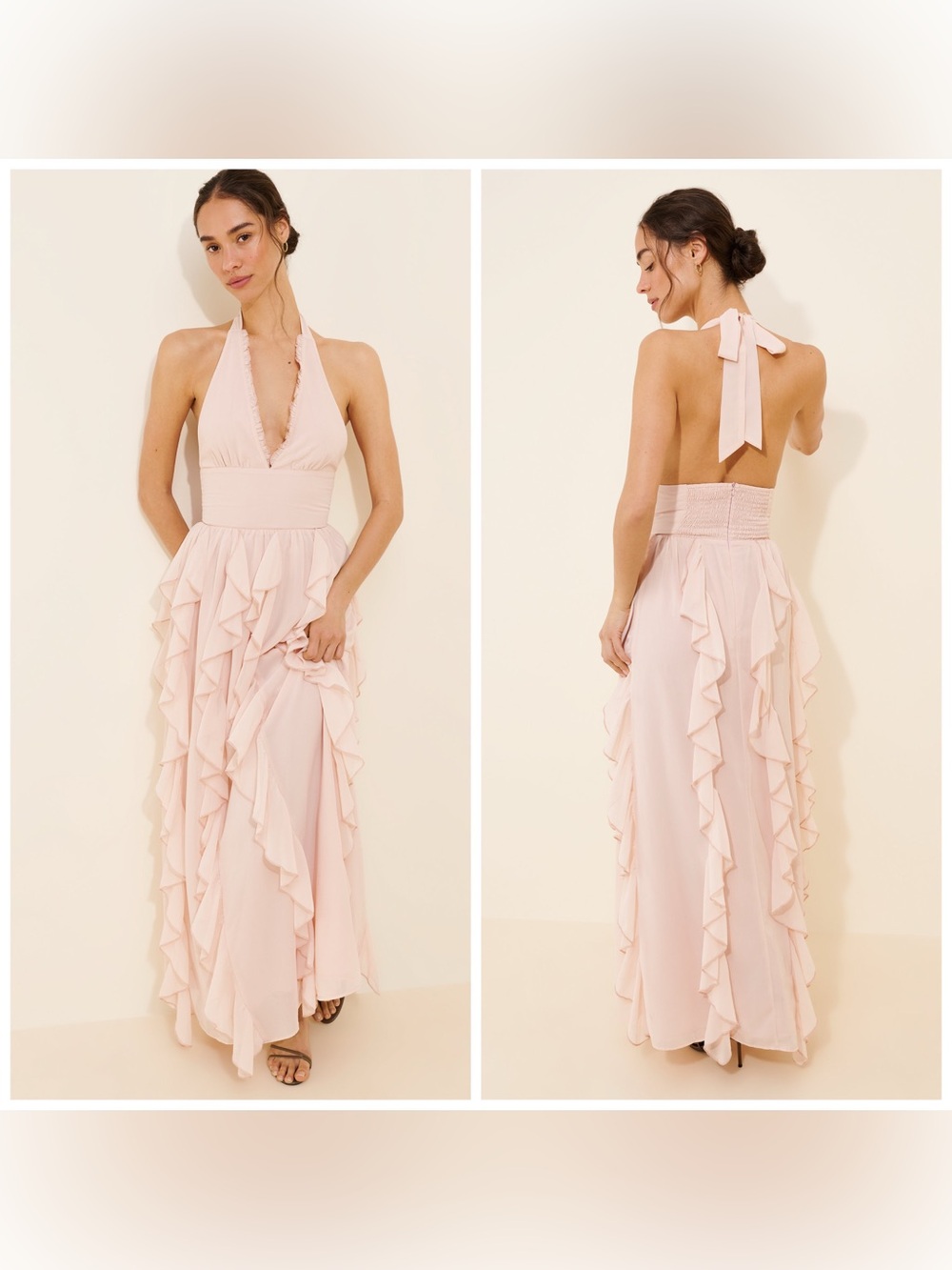 Amy Jane London Acquira Maxi Halter Dress Pink Ruffle Medium
